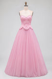 Pink A-Line Tulle Embroidery Beaded Strapless Long Prom Dress