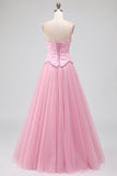 Pink A-Line Tulle Embroidery Beaded Strapless Long Prom Dress
