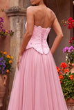 Pink A-Line Tulle Embroidery Beaded Strapless Long Prom Dress