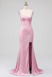 Pink Mermaid Pearls Satin Spaghetti Straps Beaded Lace Up Back Prom Dress with Slit