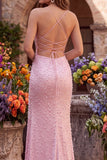 Pink Mermaid Pearls Satin Spaghetti Straps Beaded Lace Up Back Prom Dress with Slit