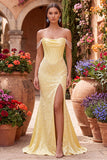 Off the Shoulder Yellow Mermaid Satin Pearls Beaded Cowl Corset Prom Dress with Slit