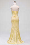 Off the Shoulder Yellow Mermaid Satin Pearls Beaded Cowl Corset Prom Dress with Slit