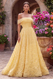 Off the Shoulder A-Line Strapless Floral Embroidery Pearl Tulle Yellow Prom Dress