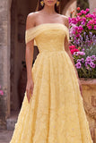 Off the Shoulder A-Line Strapless Floral Embroidery Pearl Tulle Yellow Prom Dress
