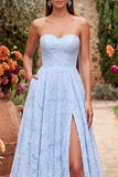 Blue A-Line Floral Beaded Strapless Long Prom Dress with Slit