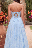 Blue A-Line Floral Beaded Strapless Long Prom Dress with Slit