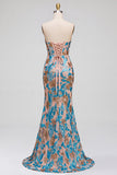 Blue Floral Sequins Corset Mermaid Strapless Long Prom Dress with Slit