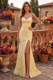 Yellow Floral Mermaid Embroidery Spaghetti Straps Long Prom Dress with Slit