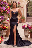 Black Sparkly Mermaid Corset Beaded Strapless Long Prom Dress with Slit