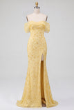 Sparkly Yellow Mermaid Off the Shoulder Sequins Long Prom Dress with Slit