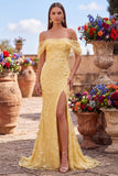 Sparkly Yellow Mermaid Off the Shoulder Sequins Long Prom Dress with Slit