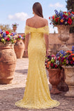 Sparkly Yellow Mermaid Off the Shoulder Sequins Long Prom Dress with Slit