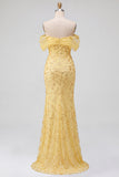 Sparkly Yellow Mermaid Off the Shoulder Sequins Long Prom Dress with Slit