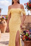 Sparkly Yellow Mermaid Off the Shoulder Sequins Long Prom Dress with Slit