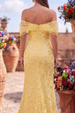 Sparkly Yellow Mermaid Off the Shoulder Sequins Long Prom Dress with Slit