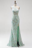 Sparkly Green Mermaid One Shoulder Beaded Sequins Long Prom Dress with Slit