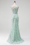 Sparkly Green Mermaid One Shoulder Beaded Sequins Long Prom Dress with Slit