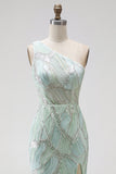 Sparkly Green Mermaid One Shoulder Beaded Sequins Long Prom Dress with Slit
