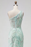 Sparkly Green Mermaid One Shoulder Beaded Sequins Long Prom Dress with Slit