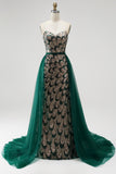 Sparkly Dark Green Mermaid Sequins Strapless Beaded Long Pageant Dress with Cape
