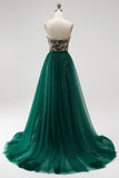 Sparkly Dark Green Mermaid Sequins Strapless Beaded Long Pageant Dress with Cape