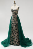 Sparkly Dark Green Mermaid Sequins Strapless Beaded Long Pageant Dress with Cape