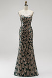 Sparkly Dark Green Mermaid Sequins Strapless Beaded Long Pageant Dress with Cape