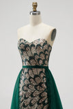 Sparkly Dark Green Mermaid Sequins Strapless Beaded Long Pageant Dress with Cape