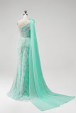 Green Sparkly One Shoulder Mermaid Beaded Floral Long Pageant Dress with Slit