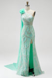 Green Sparkly One Shoulder Mermaid Beaded Floral Long Pageant Dress with Slit