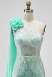 Green Sparkly One Shoulder Mermaid Beaded Floral Long Pageant Dress with Slit