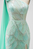 Green Sparkly One Shoulder Mermaid Beaded Floral Long Pageant Dress with Slit