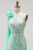 Green Sparkly One Shoulder Mermaid Beaded Floral Long Pageant Dress with Slit