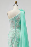 Green Sparkly One Shoulder Mermaid Beaded Floral Long Pageant Dress with Slit