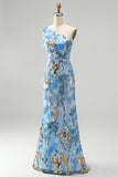 Sparkly One Shoulder Sequins Mermaid Beaded Blue Long Prom Dress