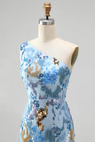 Sparkly One Shoulder Sequins Mermaid Beaded Blue Long Prom Dress