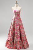 Red Floral Jacquard A-Line Ruffled Hem Strapless Long Prom Dress with Slit