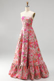Red Floral Jacquard A-Line Ruffled Hem Strapless Long Prom Dress with Slit