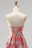 Red Floral Jacquard A-Line Ruffled Hem Strapless Long Prom Dress with Slit