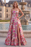 Red Floral Jacquard A-Line Ruffled Hem Strapless Long Prom Dress with Slit