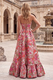 Red Floral Jacquard A-Line Ruffled Hem Strapless Long Prom Dress with Slit