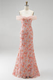 Sparkly Pink Off the Shoulder Sequins Mermaid Long Prom Dress with Beading