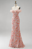 Sparkly Pink Off the Shoulder Sequins Mermaid Long Prom Dress with Beading