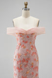 Sparkly Pink Off the Shoulder Sequins Mermaid Long Prom Dress with Beading