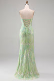 Sparkly Mint Green Strapless Mermaid Beaded Sequins Long Prom Dress with Slit