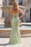 Sparkly Mint Green Strapless Mermaid Beaded Sequins Long Prom Dress with Slit