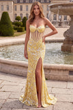 Yellow Mermaid Corset Sheer Embroidery Strapless Long Prom Dress with Slit