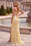 Yellow Mermaid Corset Sheer Embroidery Strapless Long Prom Dress with Slit