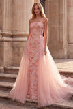 Pink A-Line Embroidery Sequins Strapless Long Prom Dress with Tulle Draping